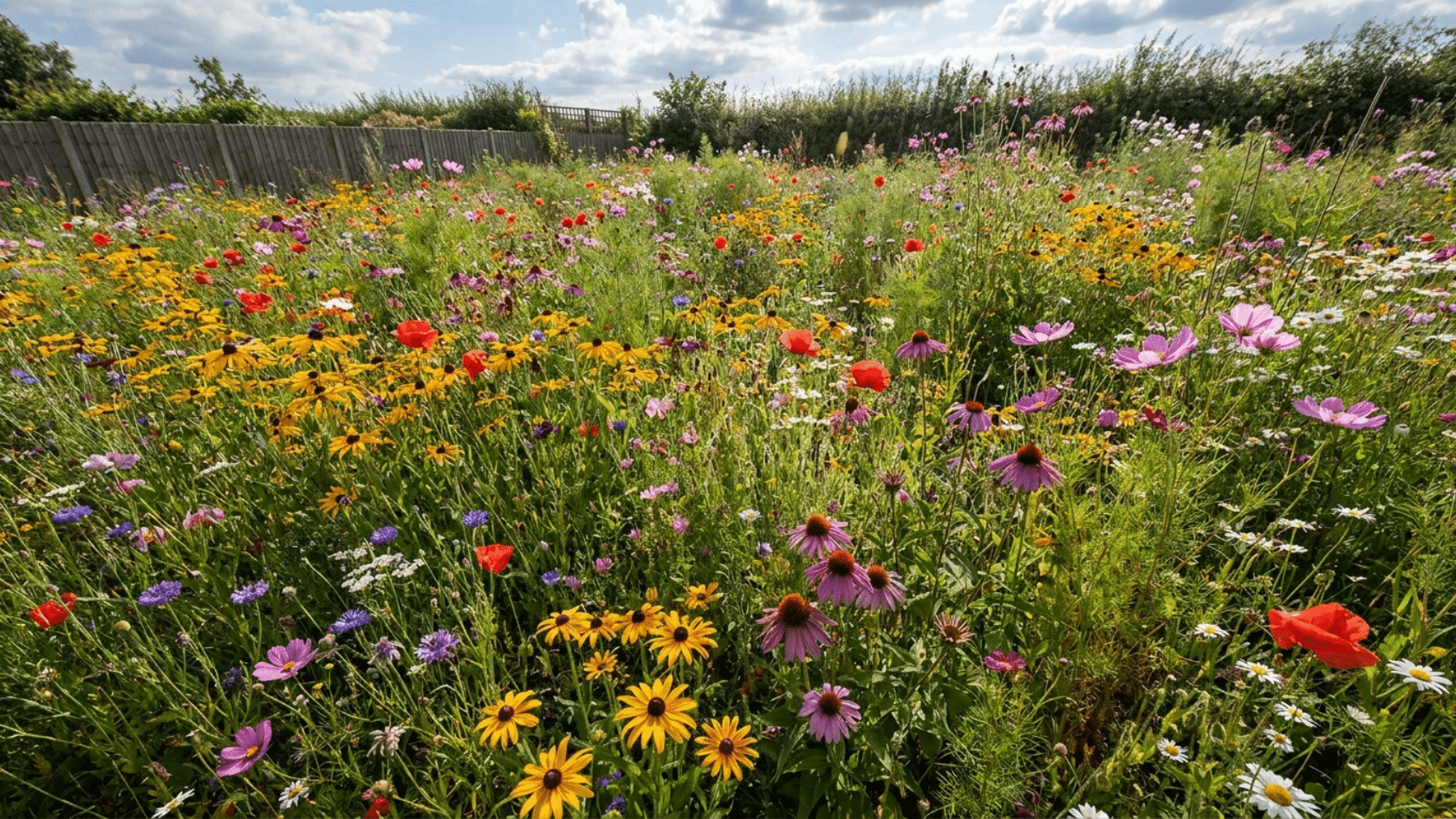 Flower garden ideas showing a full bloom wildflower meadow with red poppies, coneflowers, cosmos, and black-eyed Susans growing freely across a large residential garden.