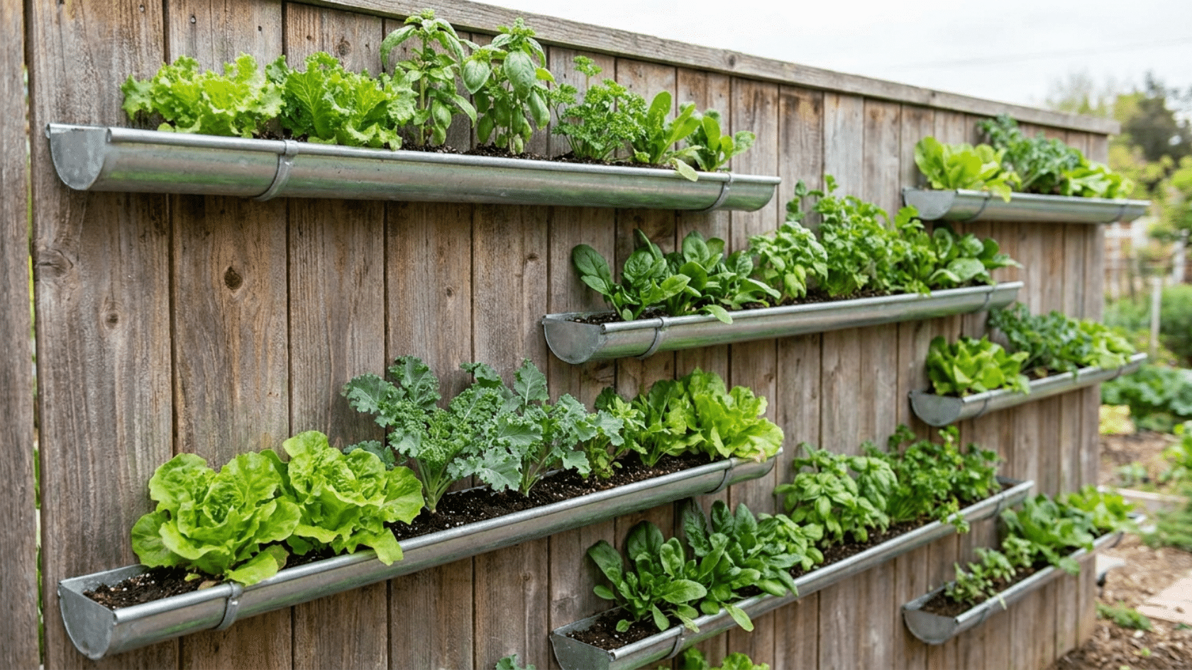 Container gardening using metal gutters mounted on a fence with herbs and leafy greens growing in a vertical setup