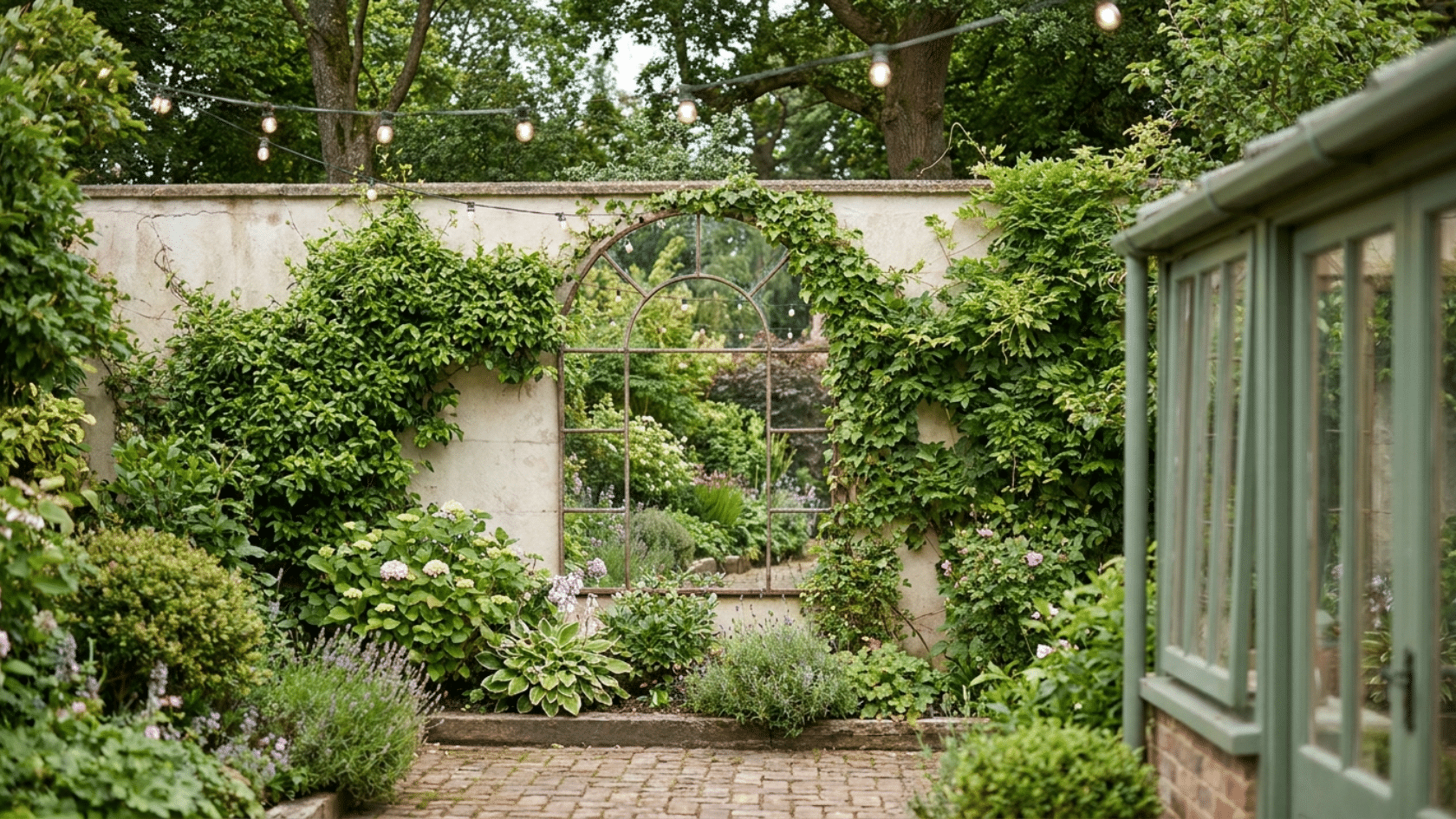 Garden decorating ideas showing a large arched mirror mounted on a walled courtyard garden wall framed by climbing ivy with a clear garden reflection visible.