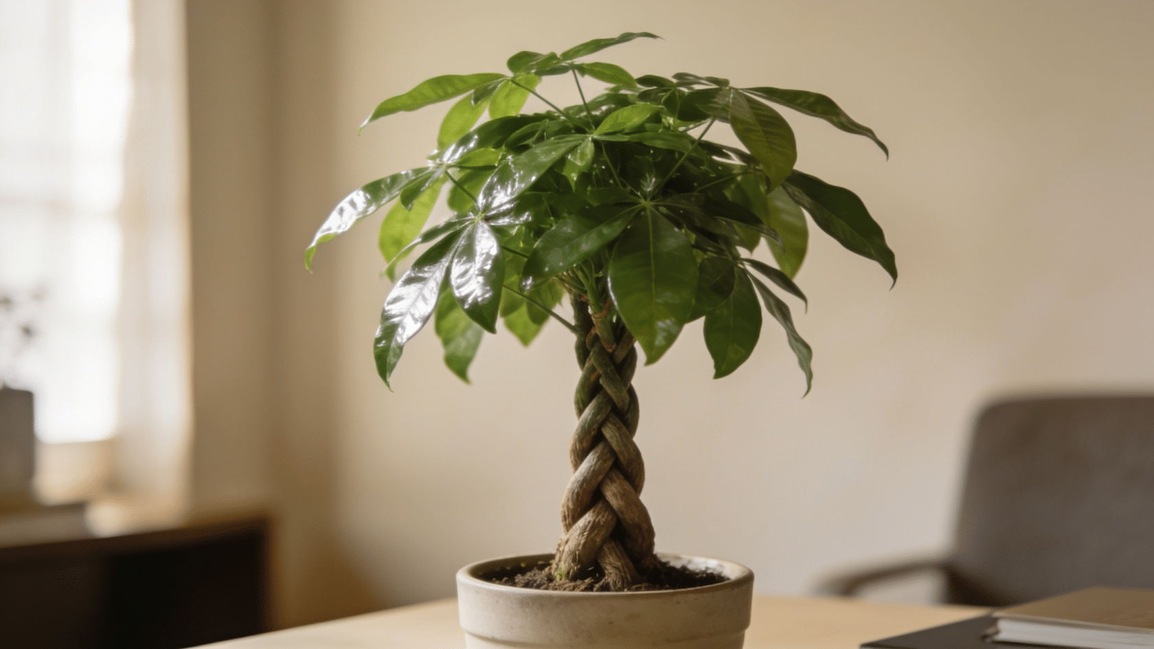 Money tree, a beginner-friendly common house plants pick, with a braided trunk and glossy leaves