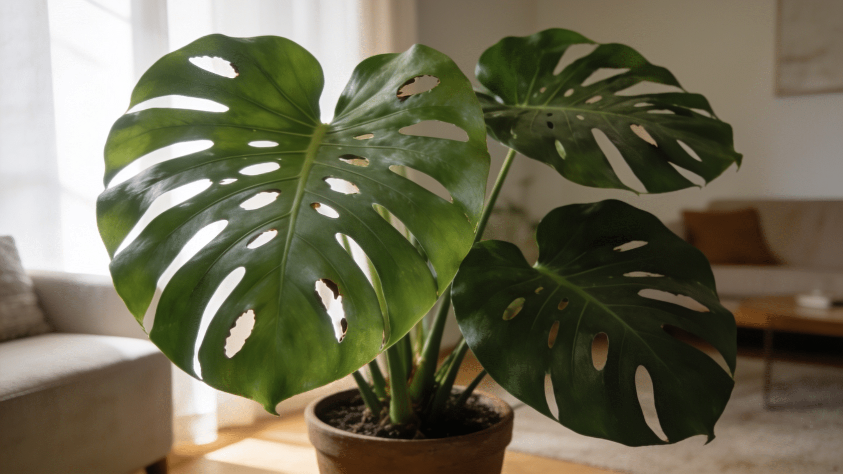 Monstera, a popular common house plants pick, with large split green leaves indoors