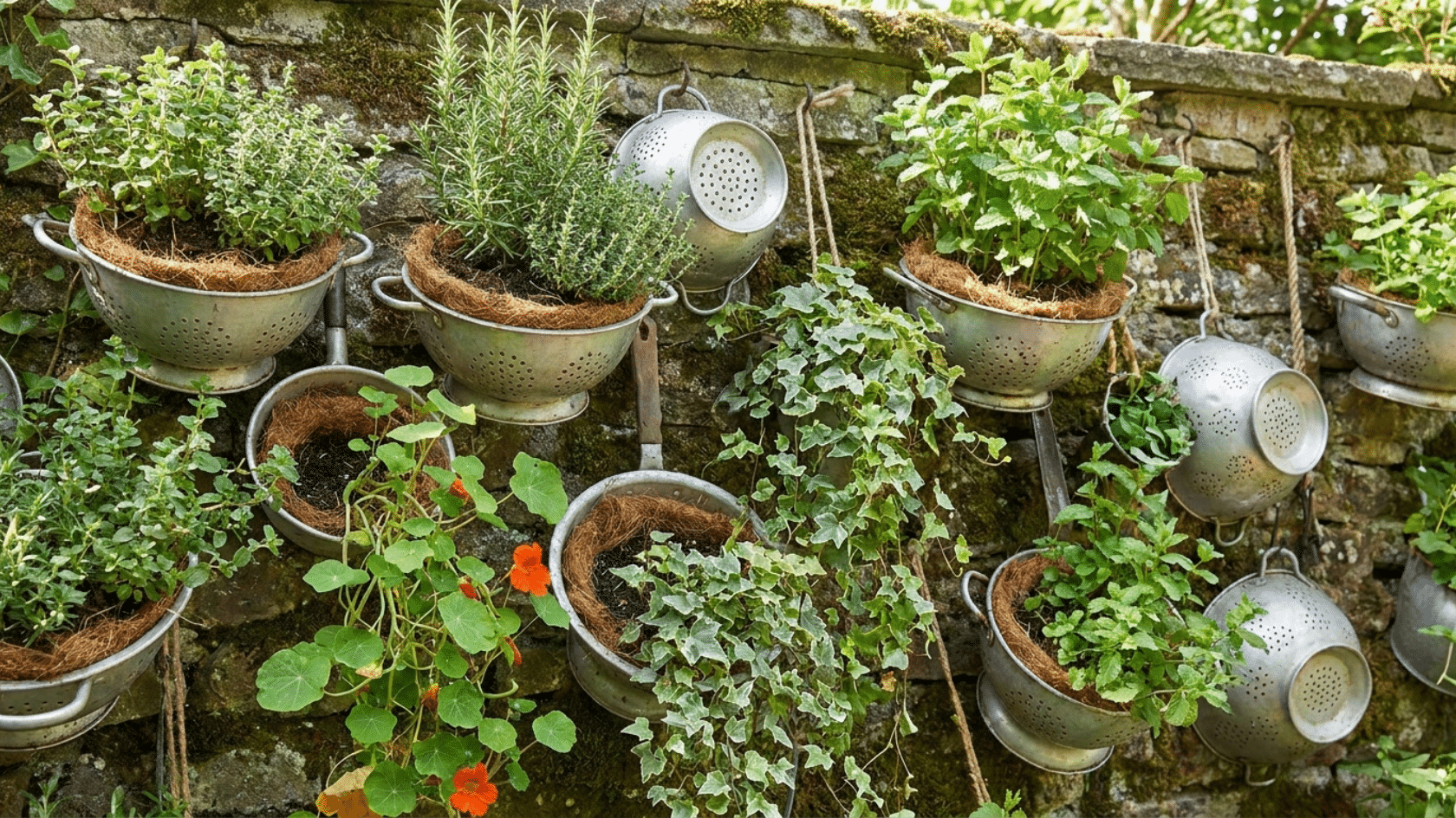 Container gardening with metal colanders mounted on a wall filled with herbs and trailing plants