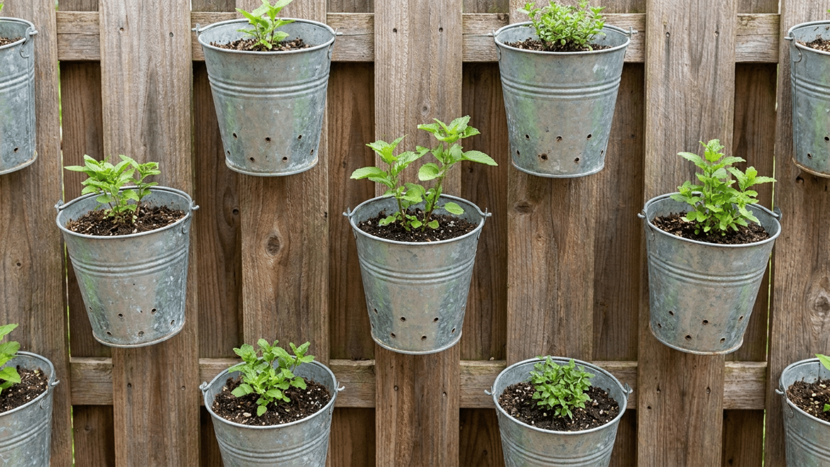 Container gardening with metal tin buckets mounted on a wooden fence and planted with small green herbs