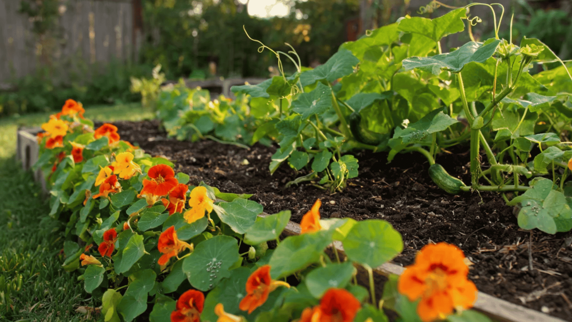 cucumber vines in garden bed with orange nasturtium flowers along soil edge and grass border