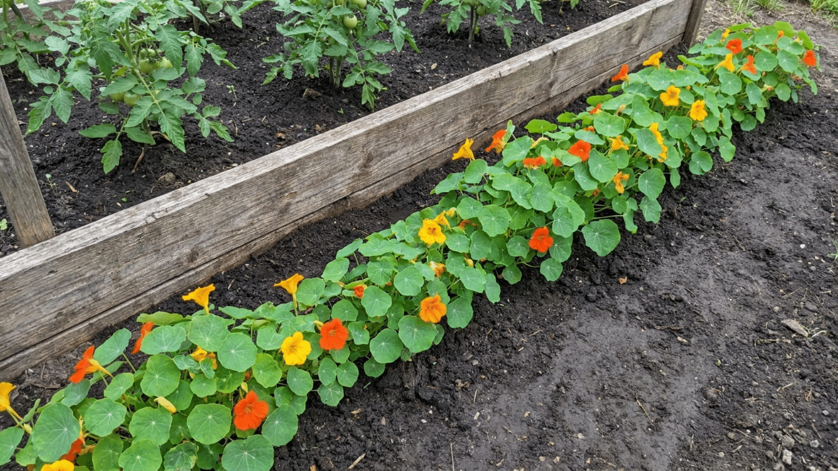 Nasturtiums planted as tomato companion plants around a raised bed to trap pests.