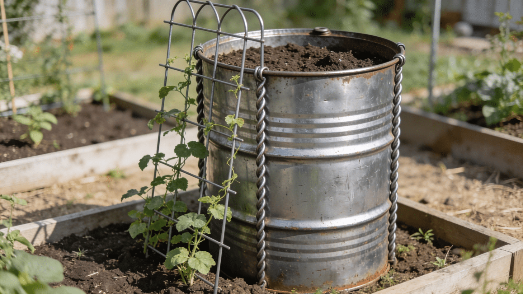 Oil drum with climbing plants and soil in an outdoor garden setting as a container gardening idea