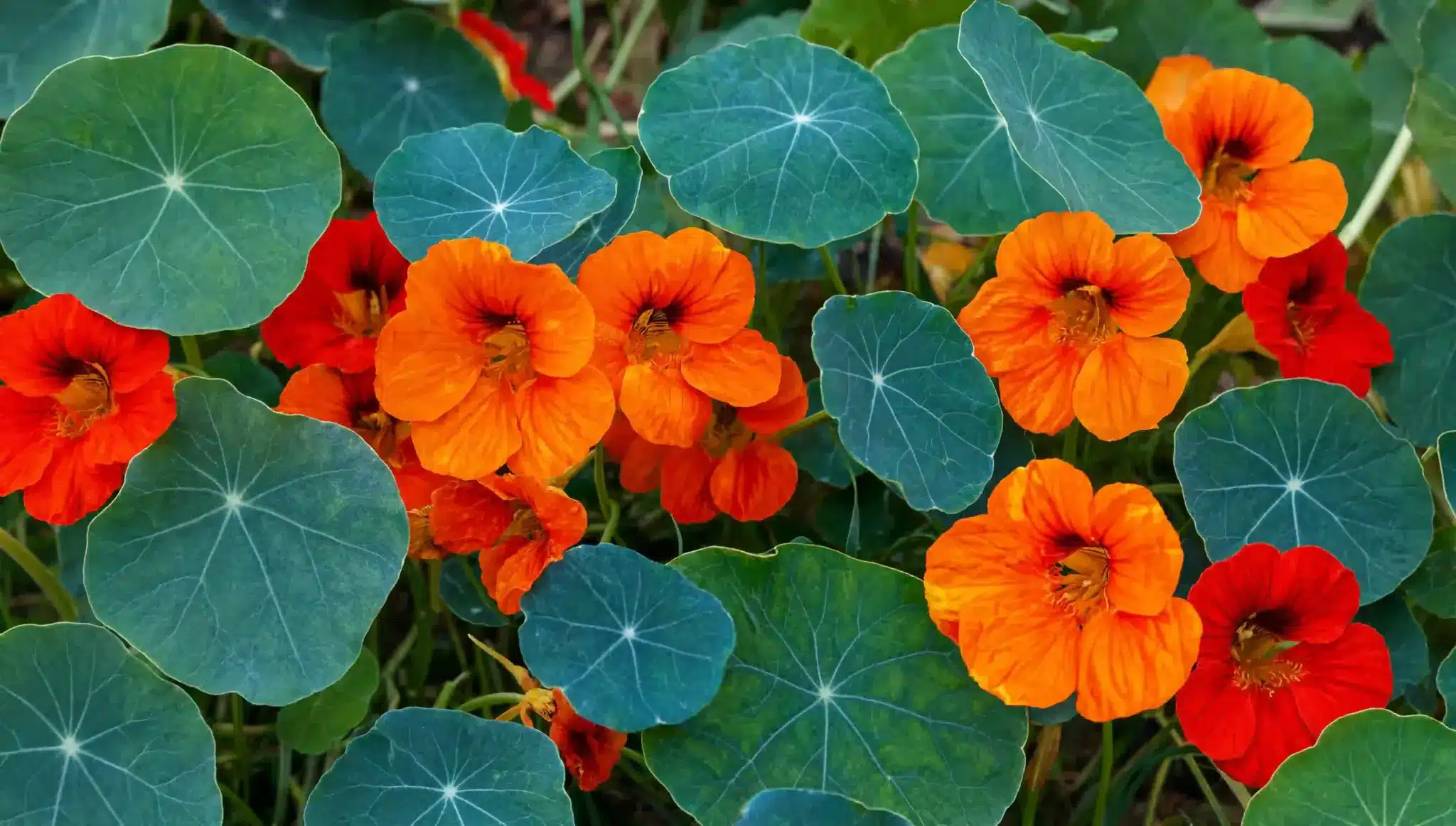 orange and red nasturtium flowers with round green leaves