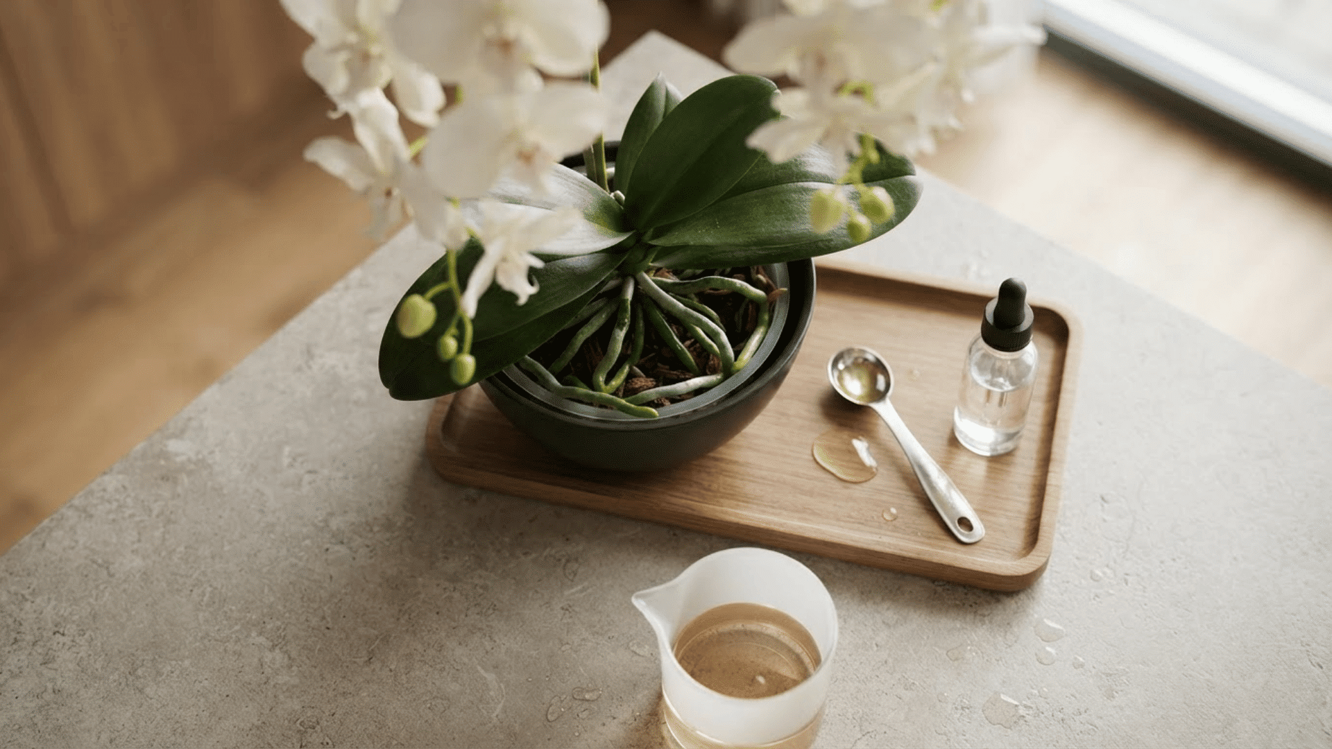White orchid plant with fertilizer bottle, spoon, and watering tools arranged on a wooden tray.
