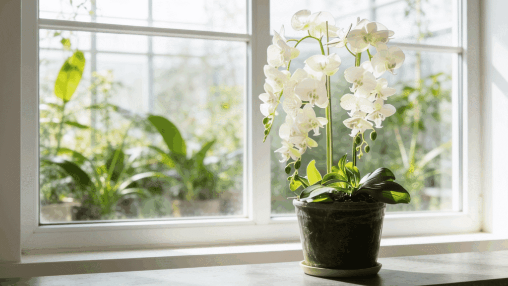 White orchid plant placed near a bright window with green plants in the background.
