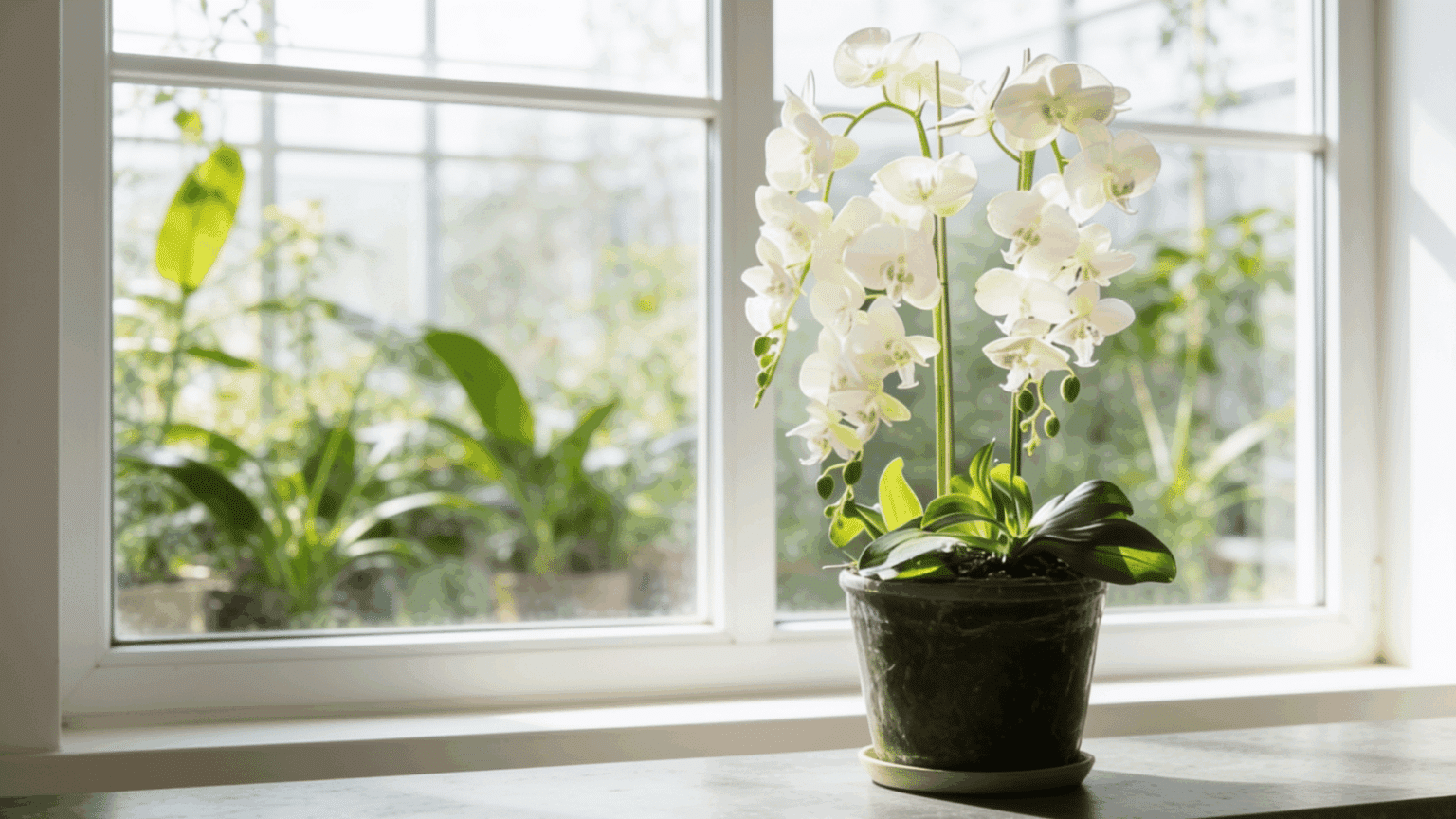 White orchid plant placed near a bright window with green plants in the background.