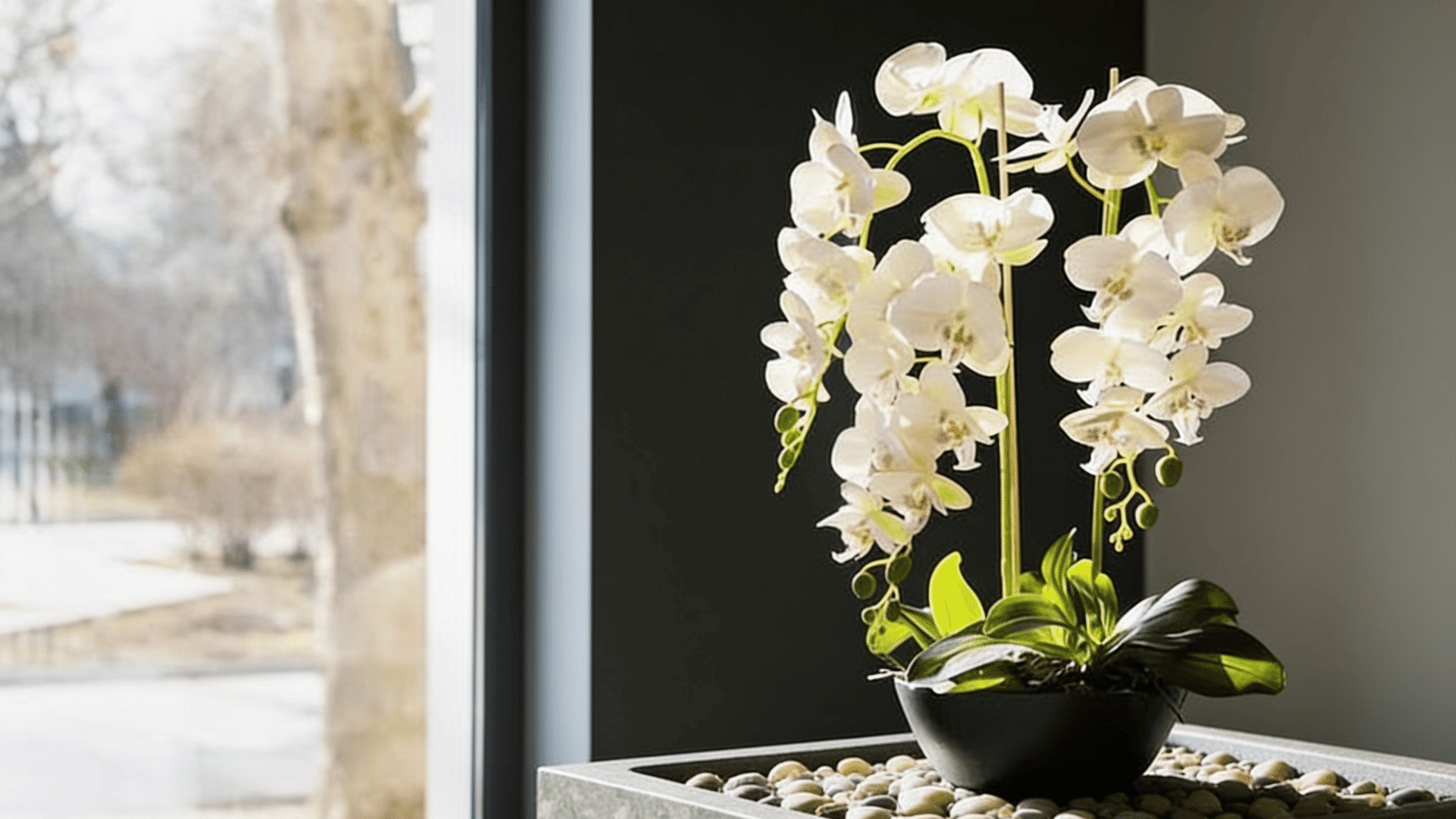 White orchid plant in a black pot placed on a pebble tray near a window indoors.