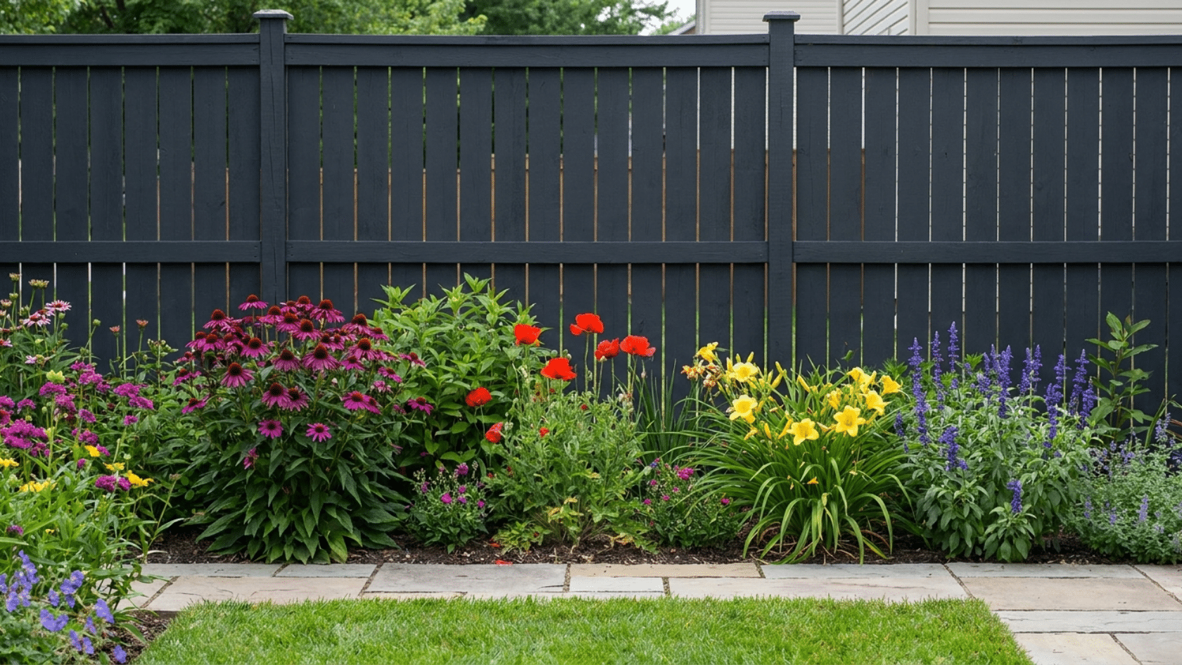 Garden decorating ideas showing a deep dark painted garden fence acting as a backdrop behind a residential flower bed making the plants appear more vivid.