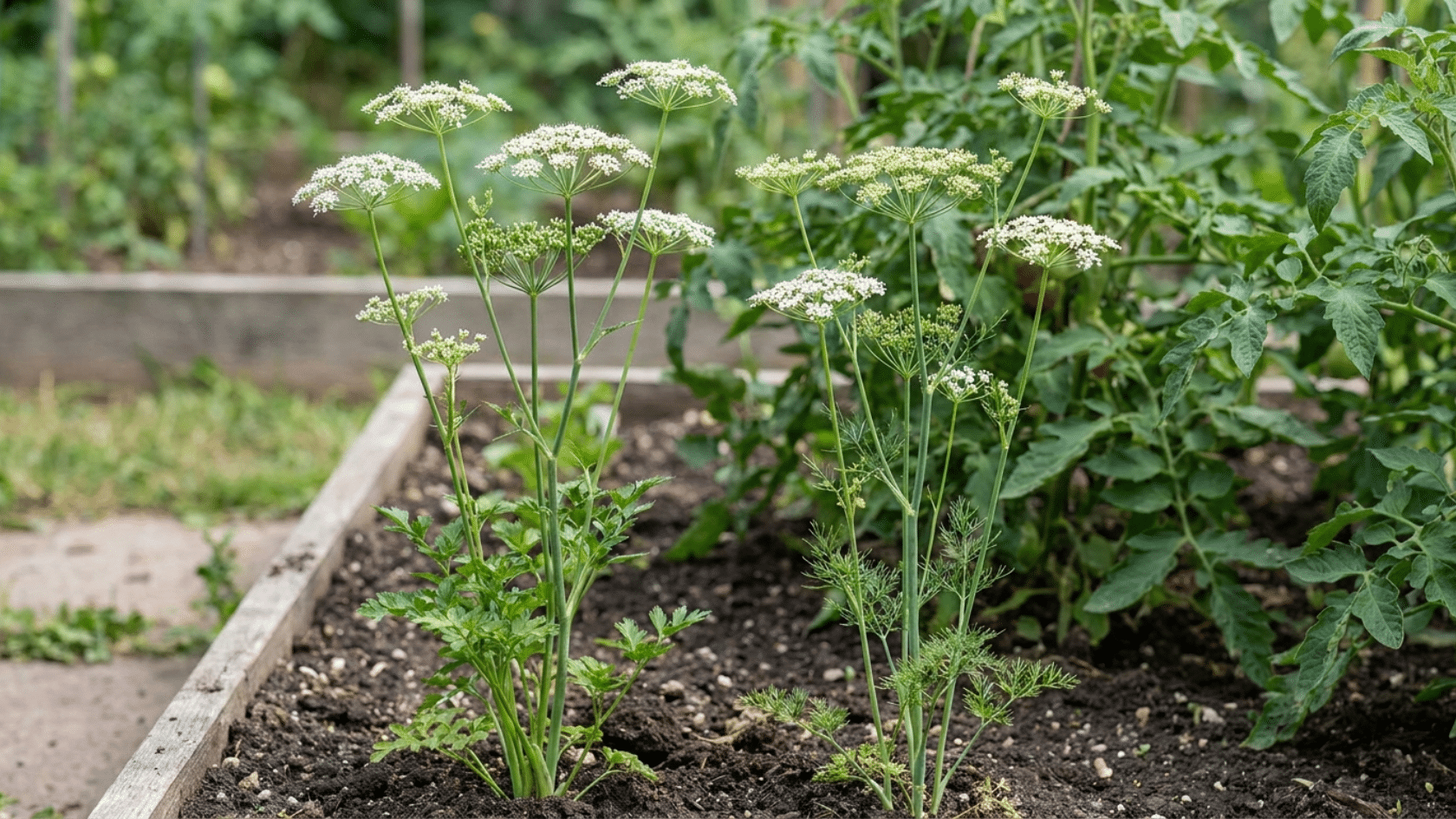 Parsley and dill planted as tomato companion plants to attract beneficial insects and protect tomatoes.