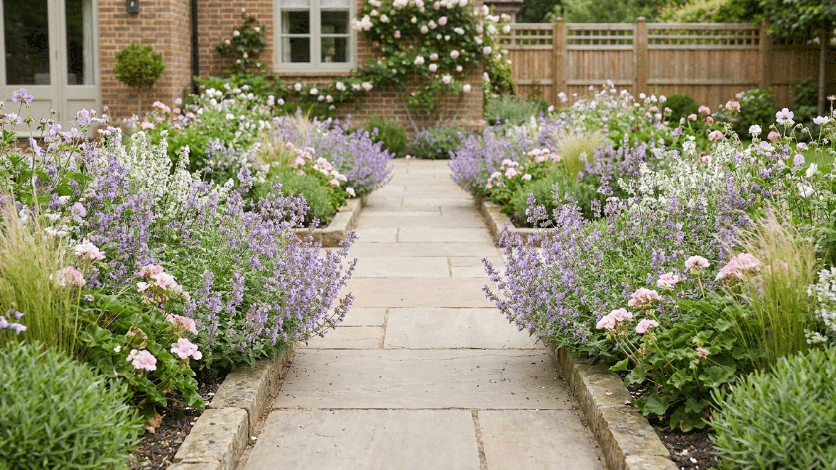 Flower bed ideas showing two mirrored beds on either side of a stone garden path in a residential garden with matching plants on both sides.