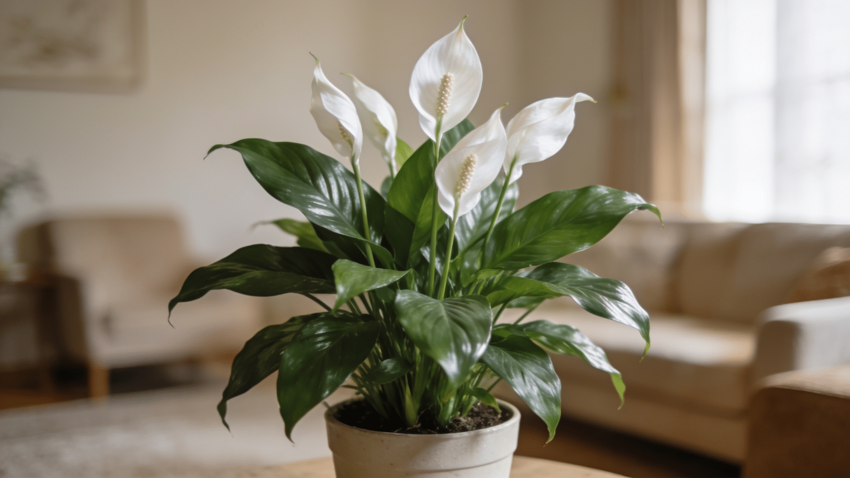 Peace lily, a flowering common house plants choice, with glossy leaves and white blooms