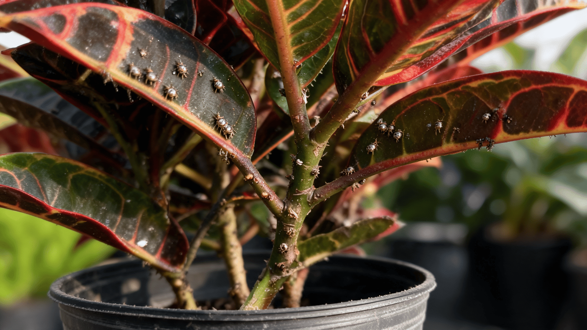 Close view of Mammy Croton leaves and stems during pest inspection