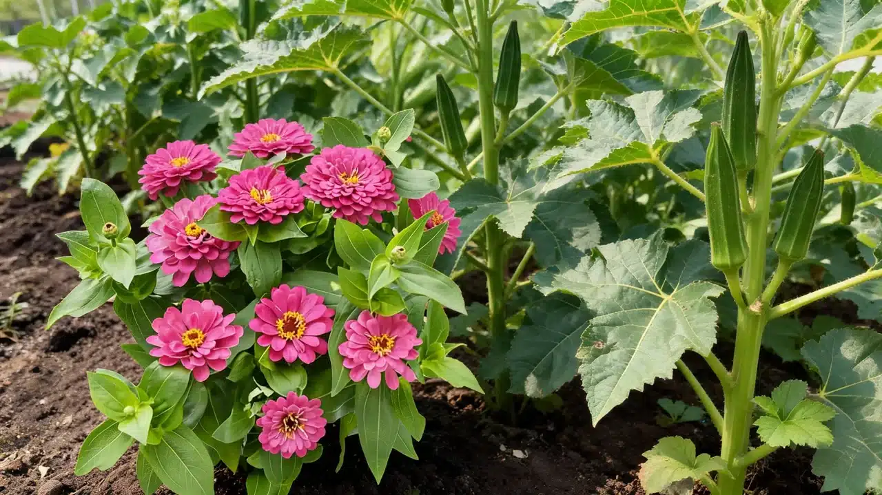 pink zinnia flowers growing beside healthy okra plants