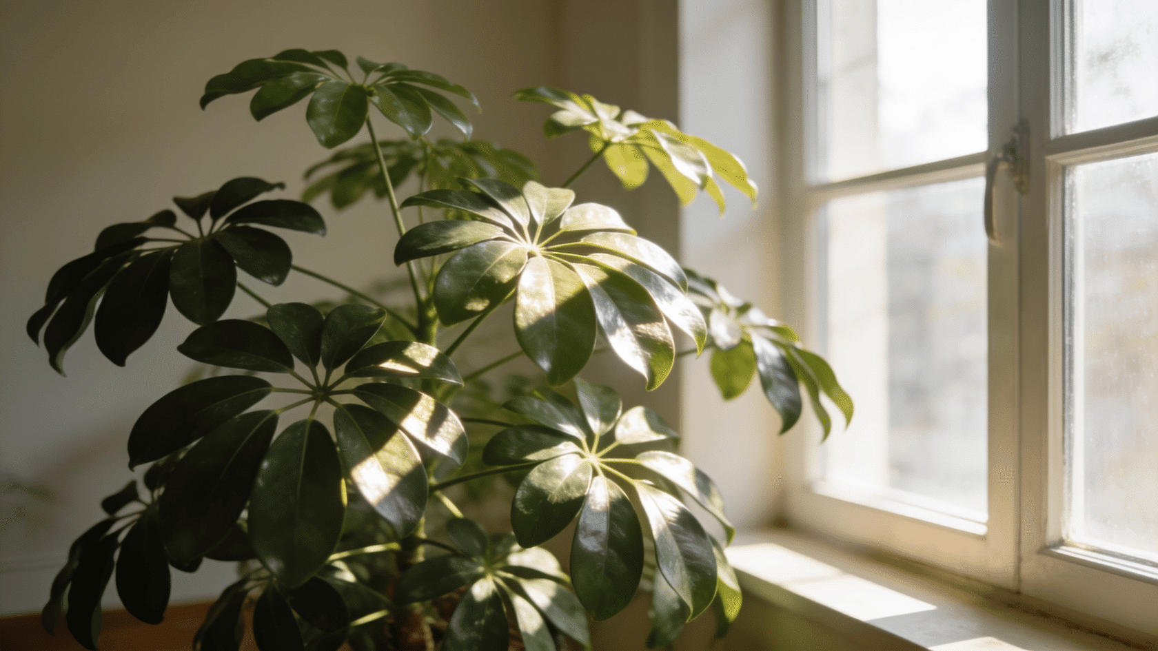 Schefflera plant with glossy leaves near a sunlit window