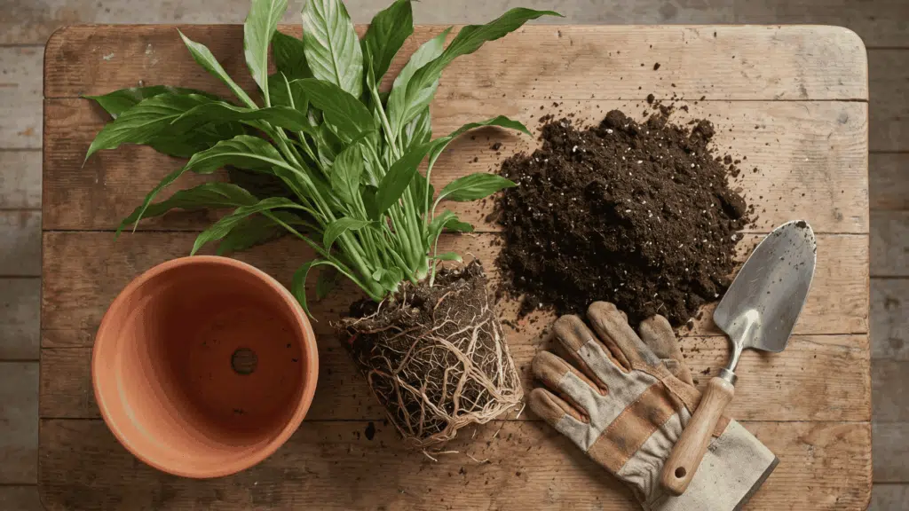 plant-ready-for-repotting-with-new-pot-soil-and-gardening-tools-on-a-table