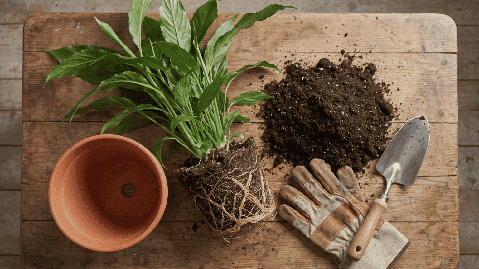 plant-ready-for-repotting-with-new-pot-soil-and-gardening-tools-on-a-table
