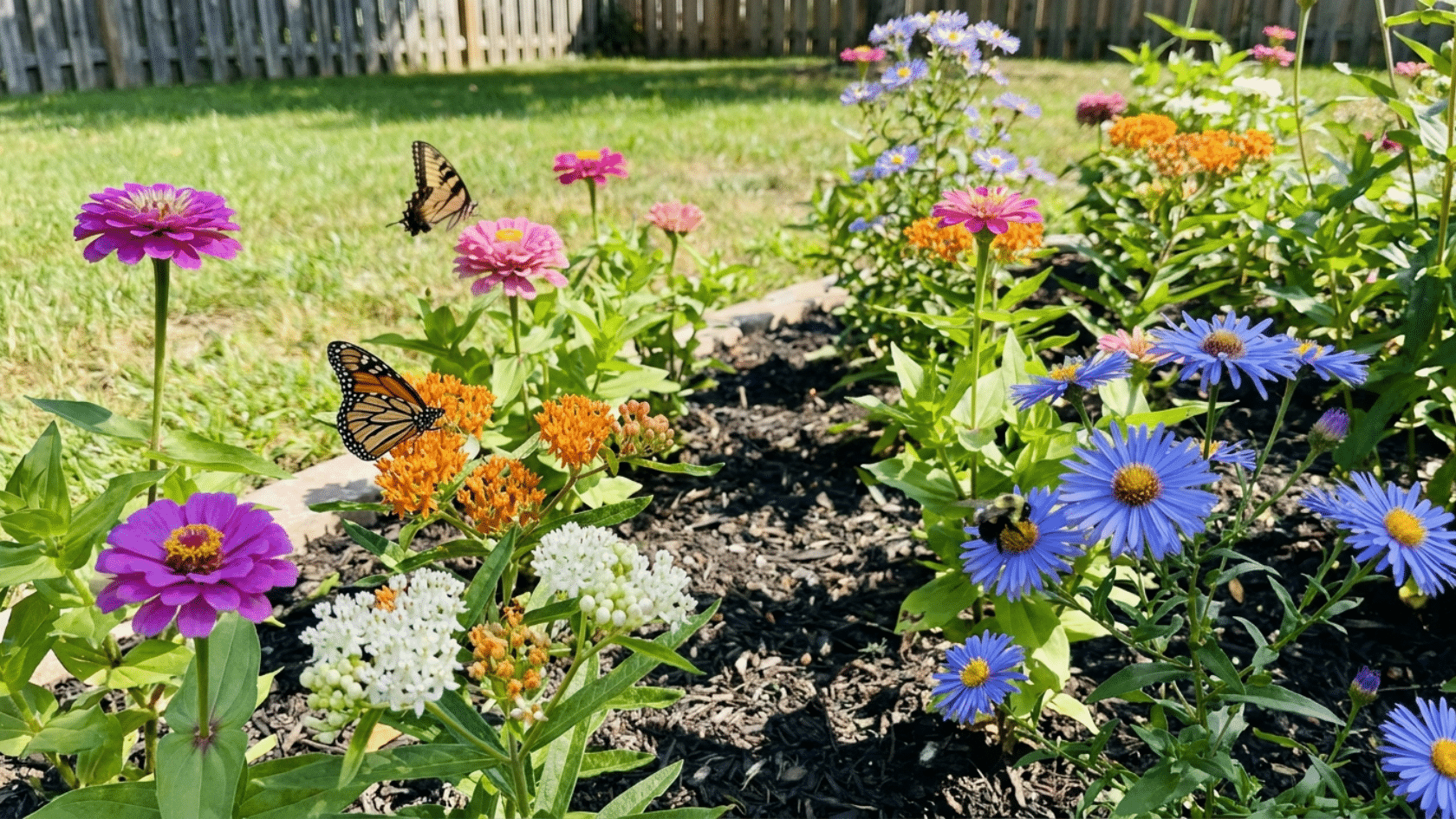 Flower garden ideas showing a sunny pollinator garden bed with butterflies and a bee on milkweed, zinnias, and asters in a residential garden.