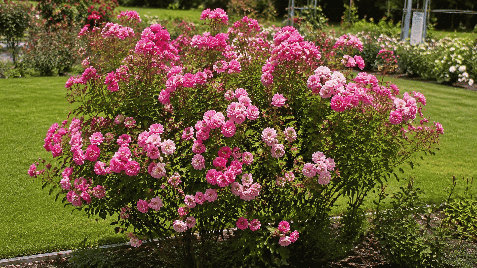 Polyantha roses with clusters of pink blooms growing in a sunny garden bed with green foliage.