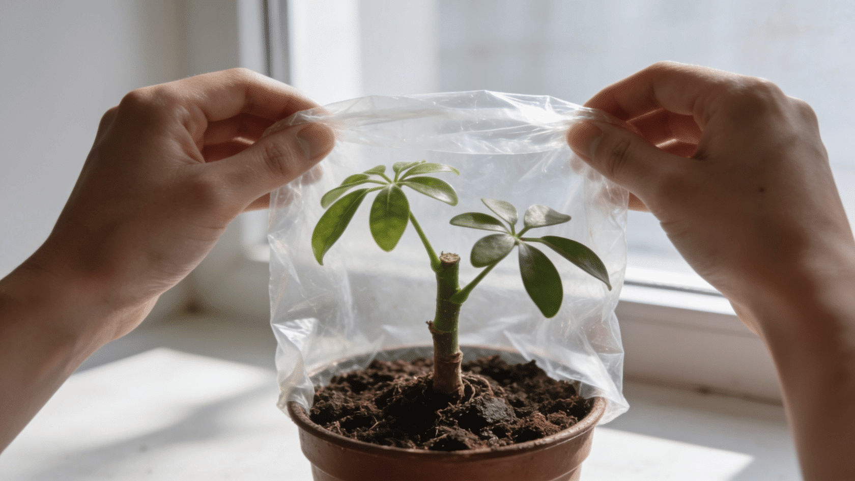 Stem cutting planted in soil with pot covered by plastic bag