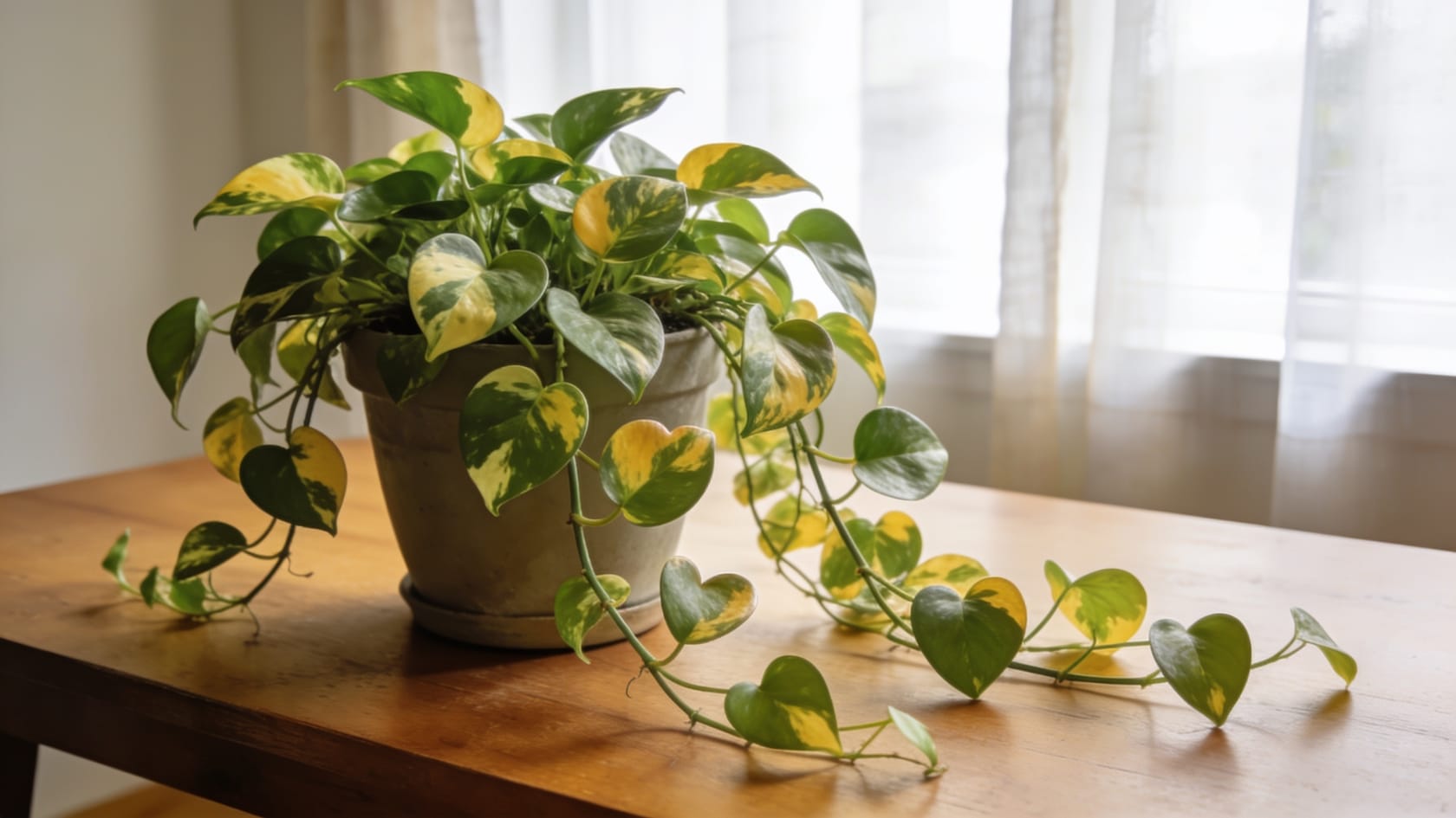 Common house plant pothos with trailing variegated heart-shaped leaves in a stone pot near a window.