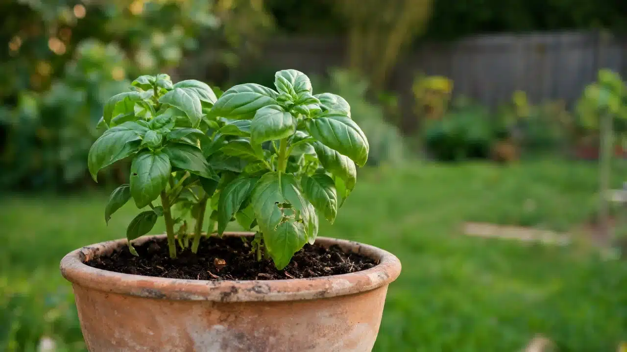 Potted basil plant growing in sunny backyard garden