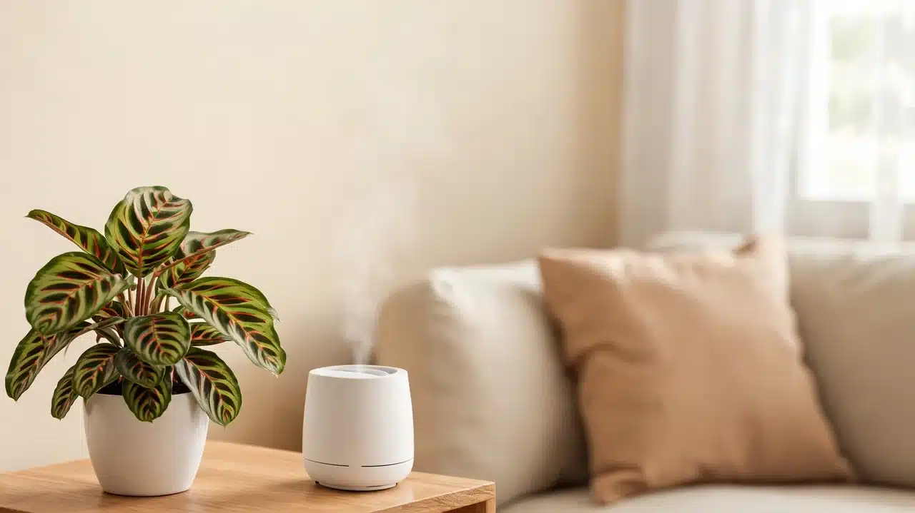 prayer plant beside humidifier in bright living room