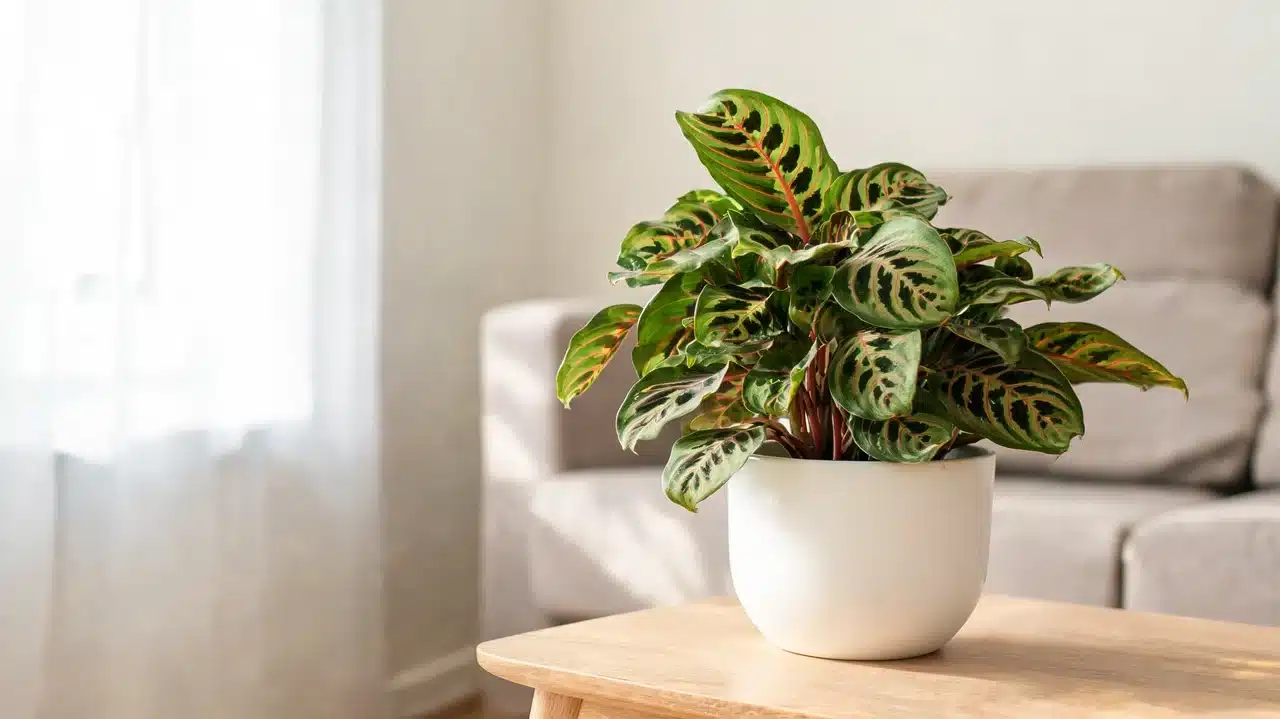 prayer plant in white pot on wooden table