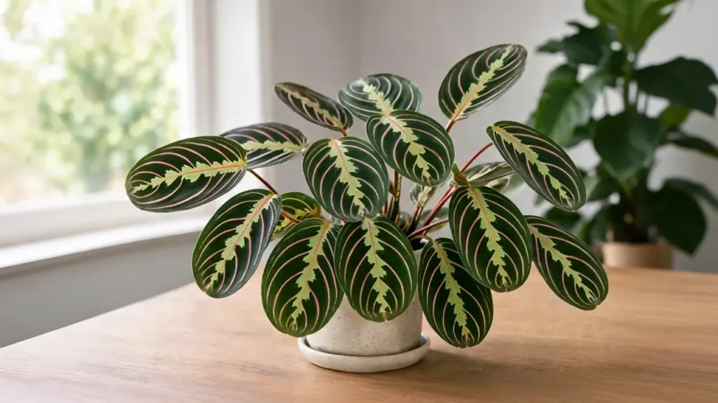 Prayer plant with vibrant striped leaves in ceramic pot