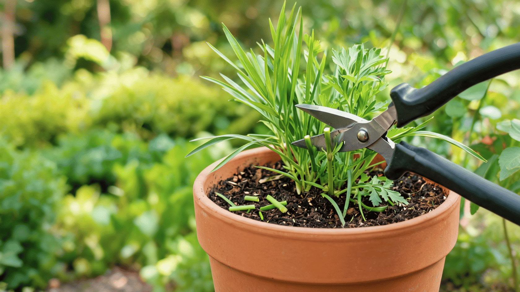 Pruning shears cutting stems of a potted green plant, with cuttings on the soil against a blurred garden backdrop.