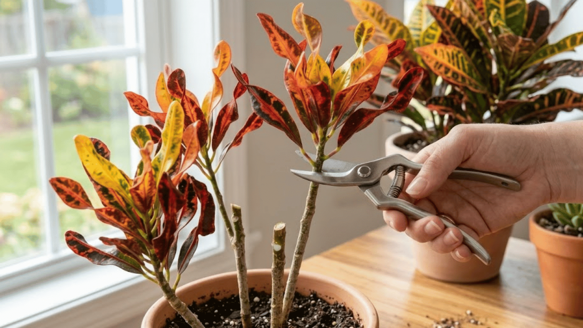Hand pruning a Mammy Croton plant stem with gardening shears near a leaf node