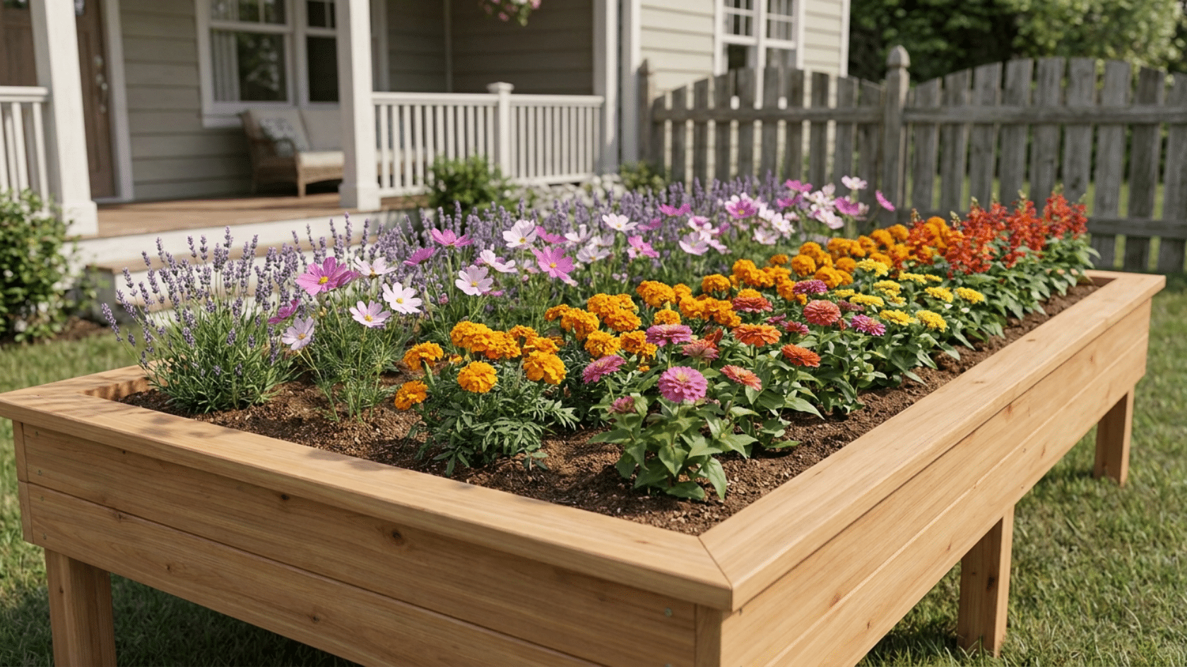 Flower bed ideas showing a wide rectangular raised wooden bed filled with flowering plants in a residential garden setting.