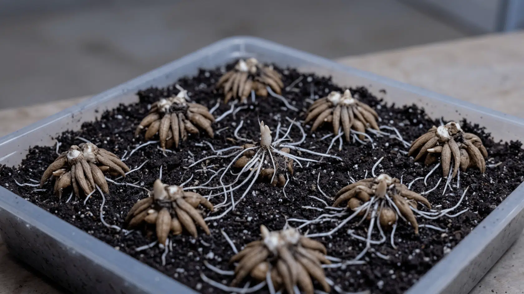 Ranunculus corms in moist potting mix with small roots starting to grow in a tray