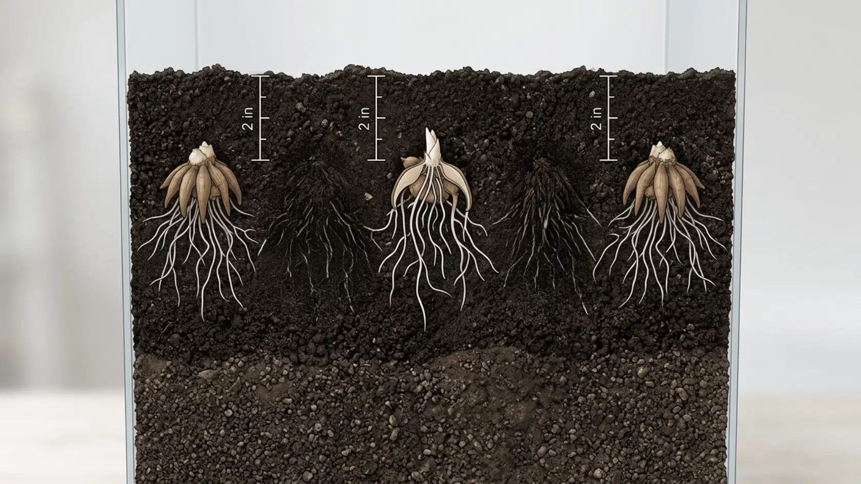 Ranunculus corms planted claws down in soil with space between each corm