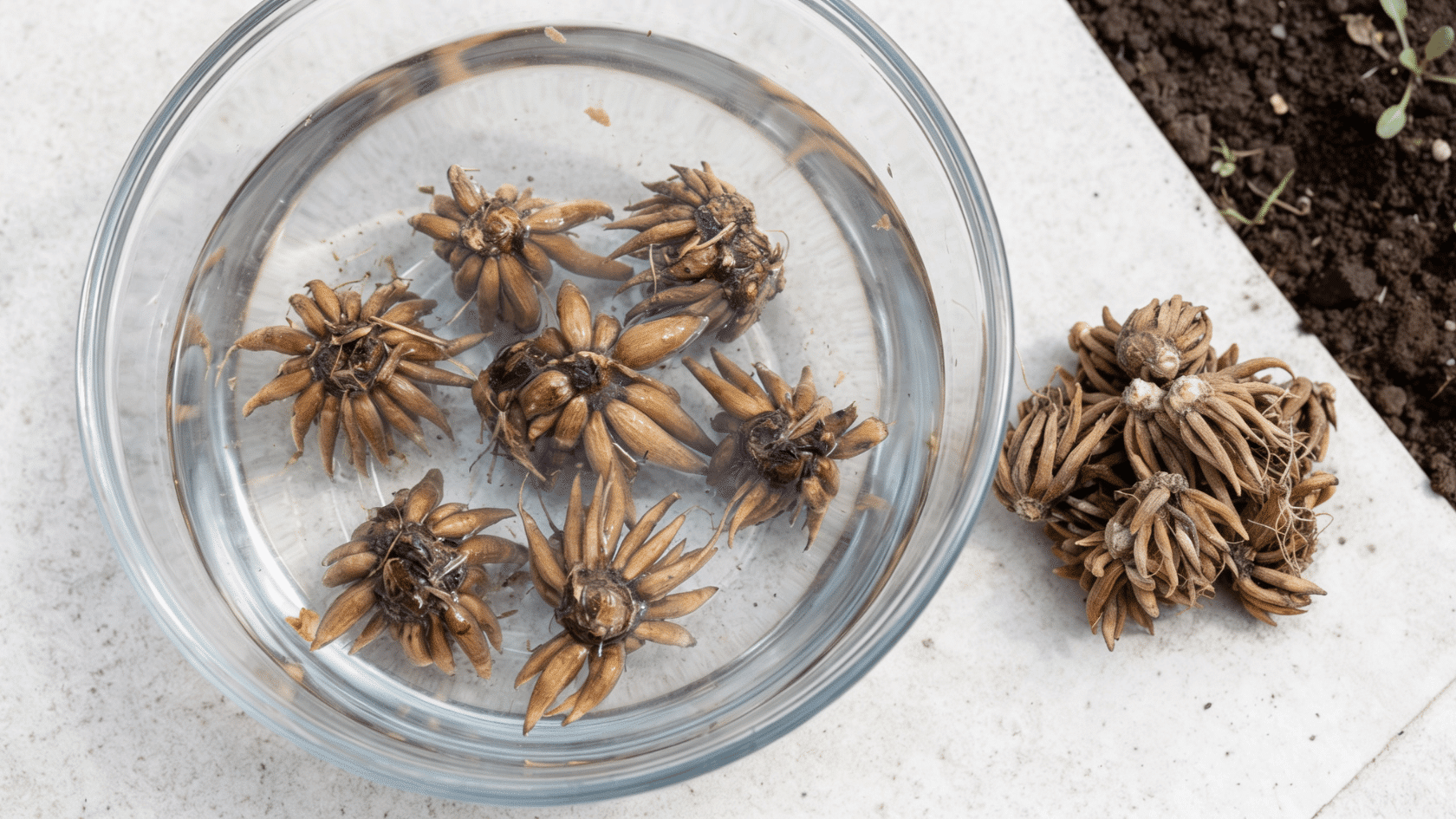 Ranunculus corms soaking in a clear bowl of water on a gardening surface