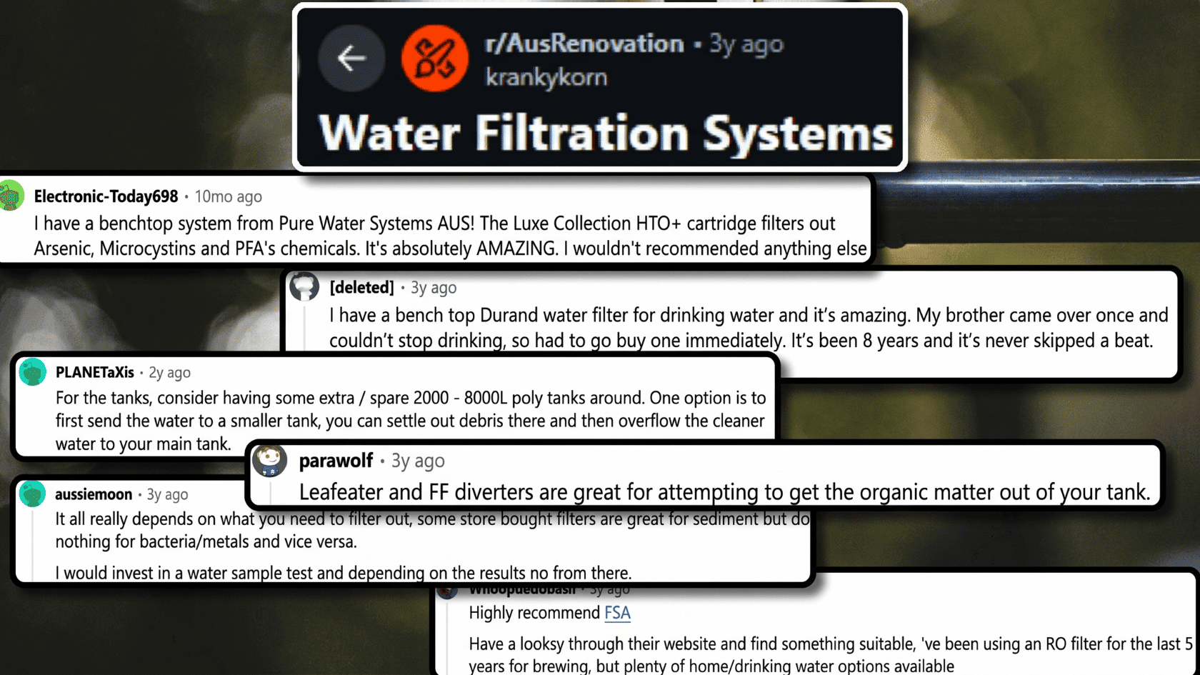 Reddit and forum comments discussing various water filtration systems, filters, and tank setup advice.