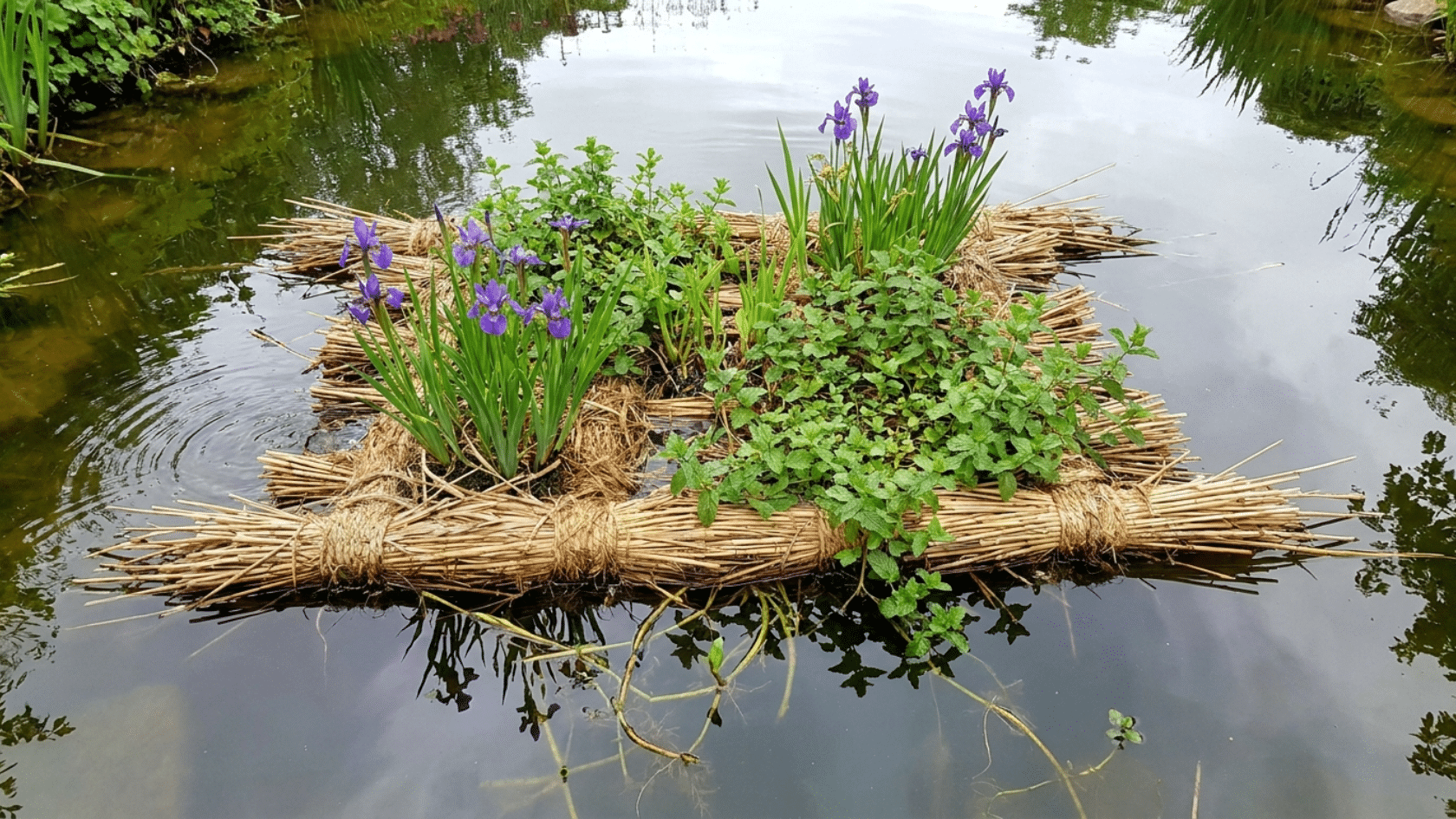 Floating reed raft with aquatic plants on pond water surface used a container gardening idea.