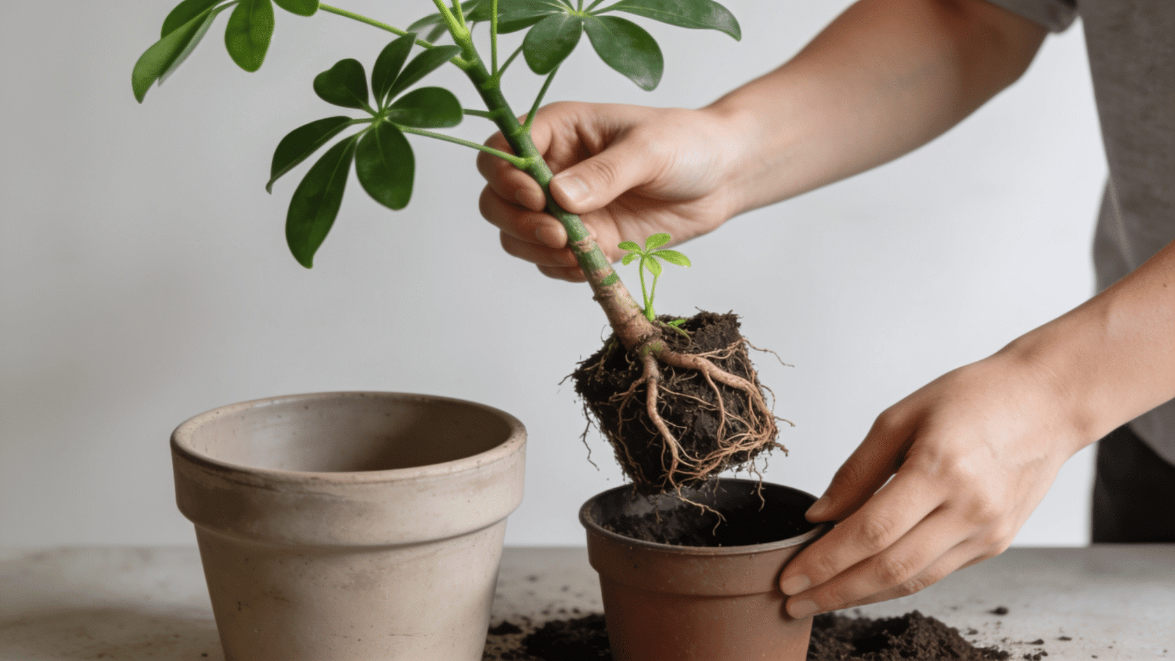 Lifting a rooted cutting with visible roots, key to schefflera plant care