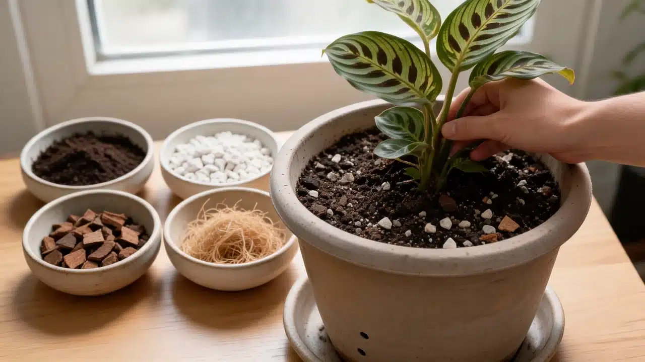 repotting prayer plant with fresh well draining potting mix