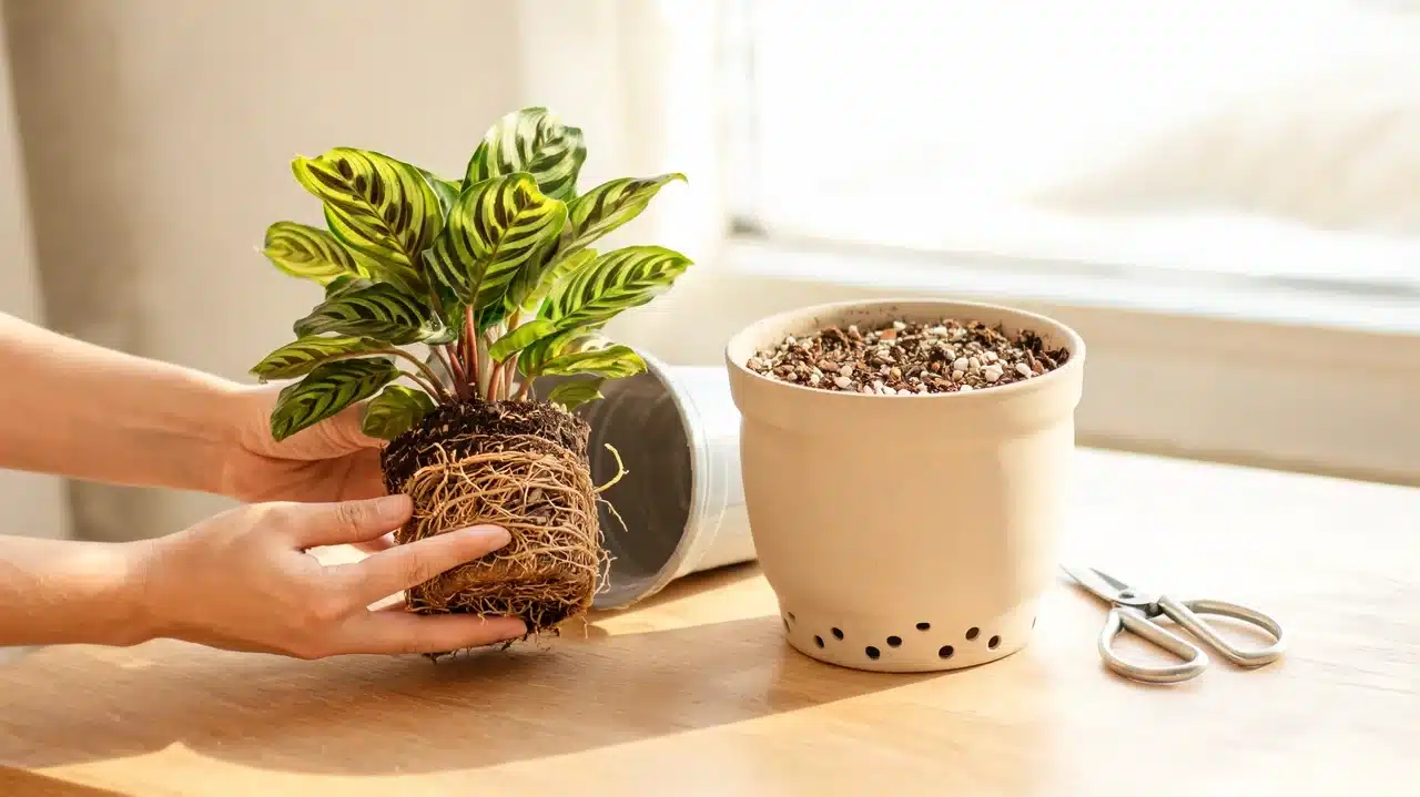 repotting rootbound prayer plant into larger drainage pot