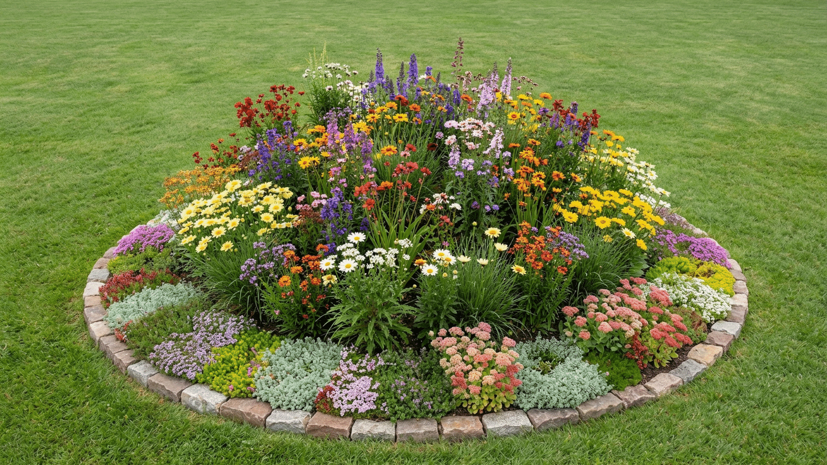Circular island bed flower garden ideas with sunflowers at center, daisies in a middle ring, and low ground plants at the outer edge