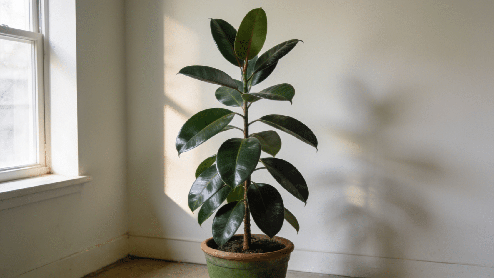 Rubber plant, a sturdy common house plants choice, with thick glossy leaves indoors