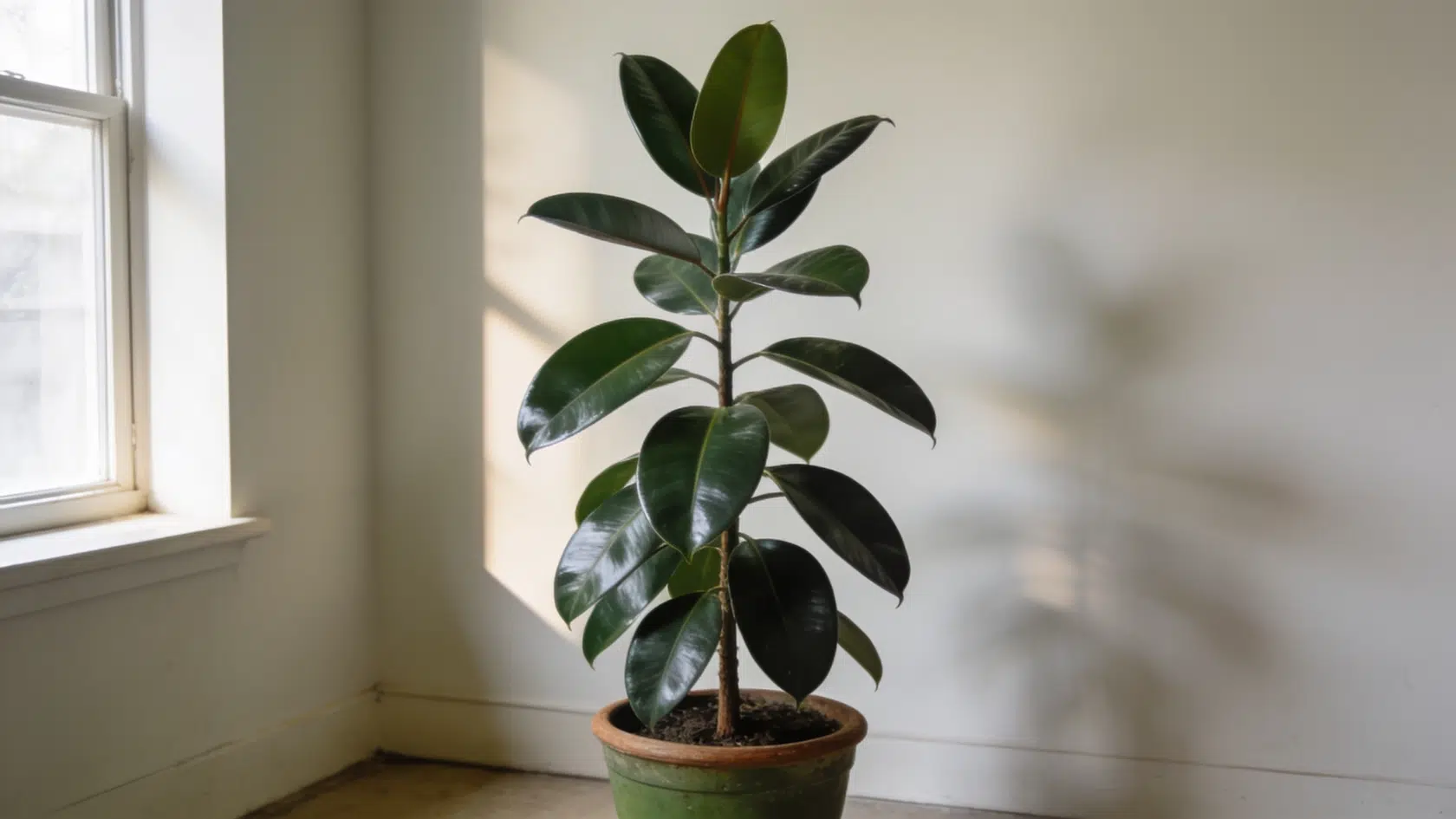 Rubber plant, a sturdy common house plants choice, with thick glossy leaves indoors