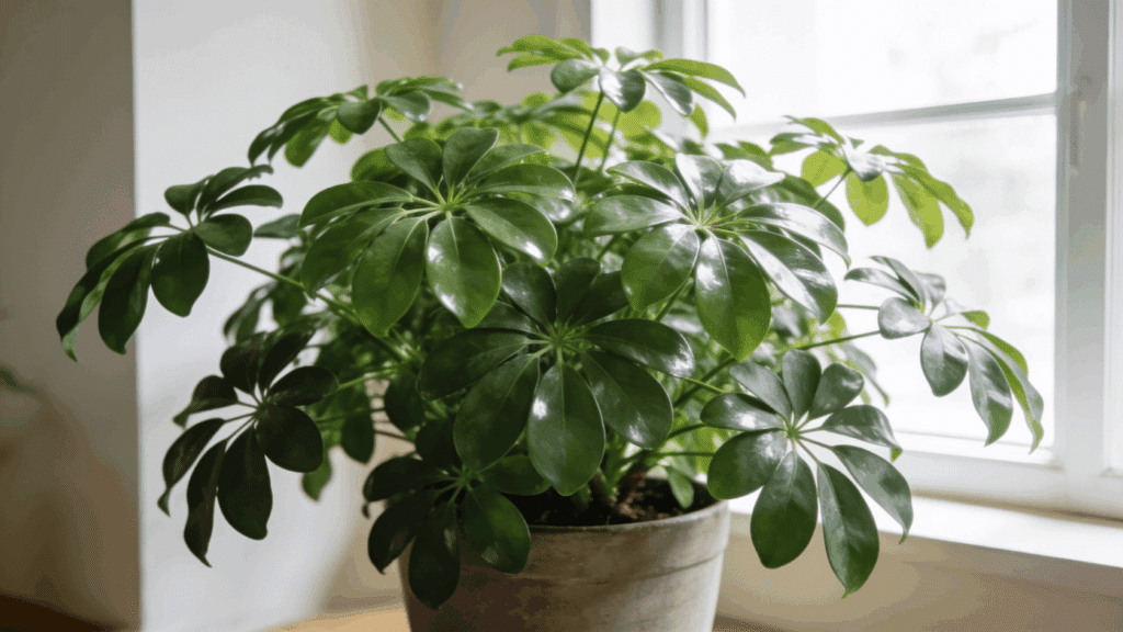 Full potted Schefflera plant with glossy leaves near a bright window