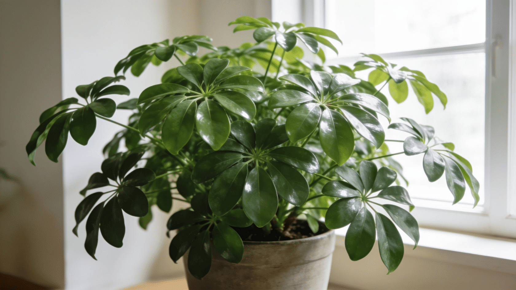 Full potted Schefflera plant with glossy leaves near a bright window