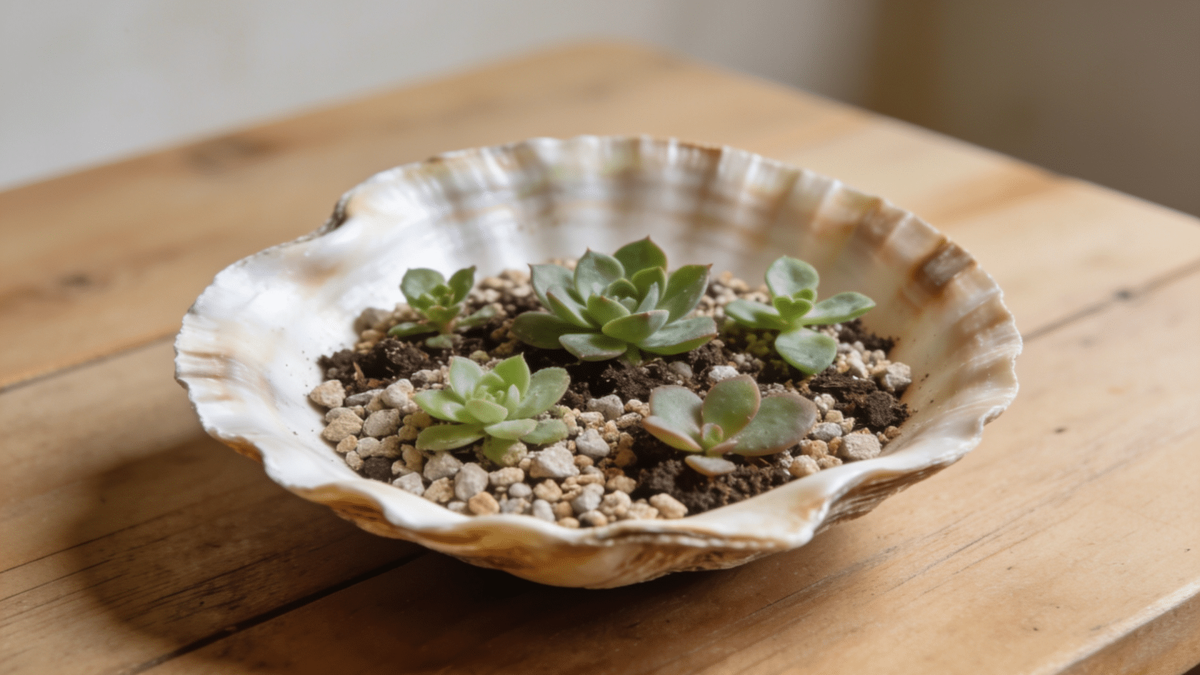 A large clam shell used as a planter for small succulent plants as a container gardening idea.