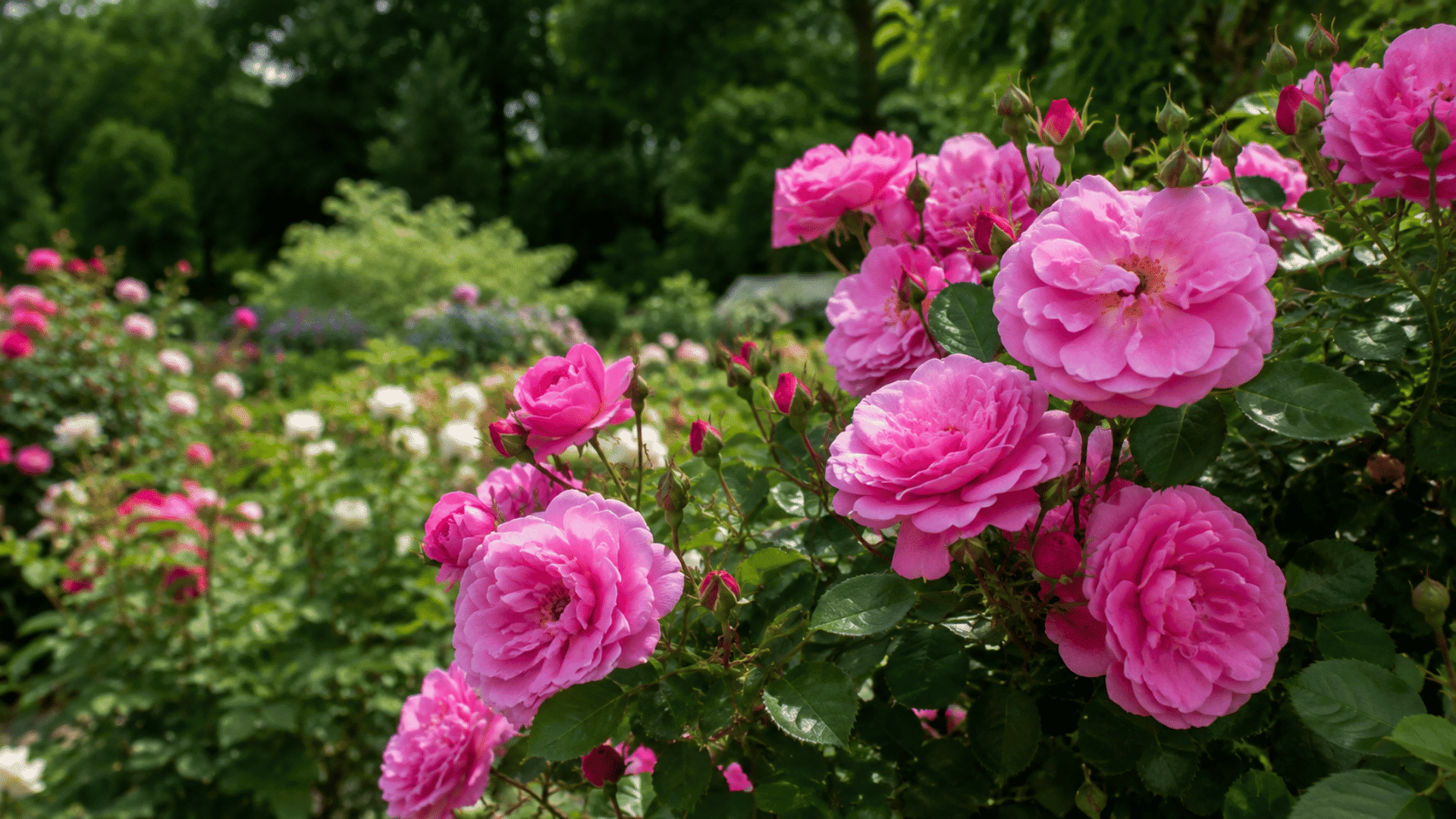 Pink shrub roses blooming with lush green leaves in a sunlit garden close-up